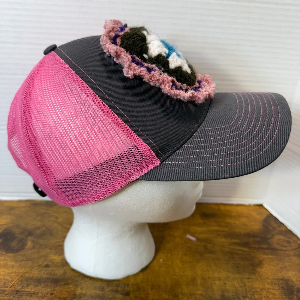 Custom Handmade Crochet Granny Square‎ Upcycled Hat Cap Pink Gray Boho Unique